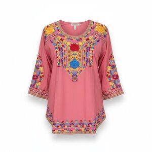 Durga Pink Embroidered Boho Peasant Tunic Top Rayon Medium